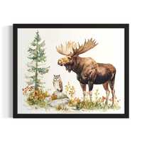 Moose and Owl Animal in Harmony Forest Wildlife Poster Art Print, Living Room Wall Art Poster, Origi