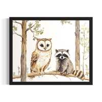 Owl and Raccoon Animal in Harmony Forest Wildlife Poster Art Print, Living Room Wall Art Poster, Ori