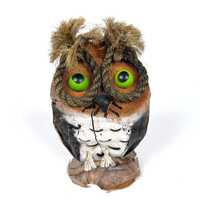 Coconut Owl Figurine: Handcrafted Rustic Decor with Green Eyes