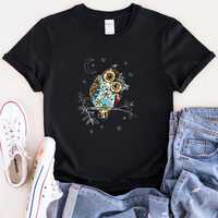 Boho Patchwork Owl T-Shirt: Colorful Graphic Tee, Animal Lover Gift