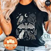 Spooky Halloween Animals T-Shirt, Eerie Owl, Bats, Foxes, and Skeleton Tee, Unique Halloween TShirt 