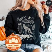 Halloween Bat Sweatshirt, Spooky Owl Tee Shirt, Skeleton Fox Crewneck Sweater, Goth Gift, Creepy Aes