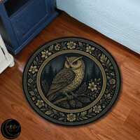 Vintage Owl Rug: Round Floral Border, Washable Forest Decor