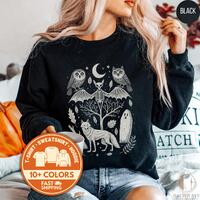 Spooky Halloween Shirt, Skeleton Bat Sweatshirt, Owl Crewneck, Wolf Tee, Gothic Sweater, Fall Gift, 