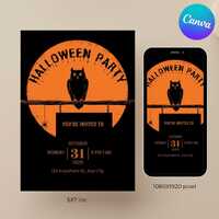Owl Halloween Party Invitation: Spooky Moon, Editable And Printable Invite, Canva Template (Digital 