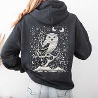 Moon Owl Christmas Hoodie, White Owl Hoodie, Snowy Bird Hoodie, Bohemian Winter Animal Christmas Swe