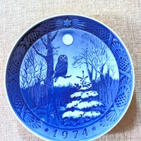 Vintage 1974 Winter Owl Plate: Blue & White Moonlit Forest Porcelain