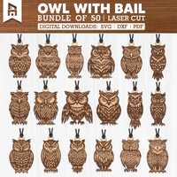 50 Owl Laser Cut Bundle SVG DXF | Laser Engraving Files | Standing Owl Multilayer Mandala, Glowforge