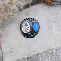 Black Owl Brooch with Blue Labradorite – Unique Handmade Jewelry