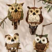 Woven Grass Owl, Boho Porch Decor, Farmhouse Owl Figurine, Natural Centerpiece, Artisan Craft