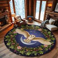 Barn Owl Round Rug – Mystical Night Bird Carpet with Moon & Floral Wreath, Symbol of Wisdo