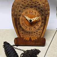 Vintage Owl Wall Clock made in Western Germany 4 1/8" x 7" with Chain & Pine Cone Weig