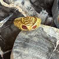Raw Brass Adjustable Gold Owl Ring with Red Garnet Eyes