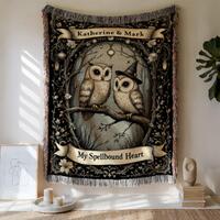 Woven Owl Couple Blanket: Personalized Cotton Tapestry with Fringe