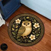 Owl rug, floral dark forest decor, round washable carpet, beige green tones, celestial owl rug, natu