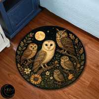 Moonlight owl rug, night forest carpet, celestial animal rug, washable boho decor, vintage owl print