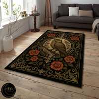 Gothic Owl rug, floral night forest carpet, rustic woodland decor, boho nature rug, washable owl rug