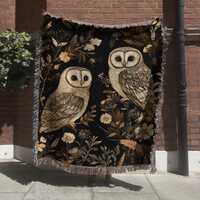 Moody Owl Couple Woven Blanket, Floral Woodland Tapestry, Earthy Forest Animal Wall Hanging, Botanic