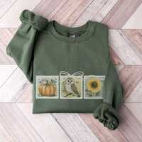 Cottagecore Fall Sweatshirt: Sunflower, Pumpkin & Owl Collage
