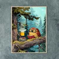 Whimsical Owl Reading in Forest – Cozy Storybook Woodland Art Print