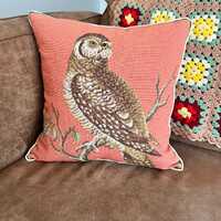 Little Hawk Owl Wildlife Needlepoint 18X18in Throw/Accent Pillow with Down Insert