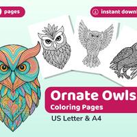 50 Ornate Owls Coloring Pages | Printable PDF | Instant Download | US Letter & A4