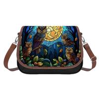Dark Woodland Owls Stained Glass Leather Shoulder Bag