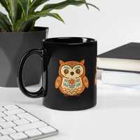 Hand Drawn Folk Owl Mug | Black Ceramic Glossy Mug | Microwave | Dishwasher Safe | Lead & BPA Fr