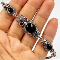 Sterling Silver 925 Owl Bracelet for Women, Handcrafted with Onyx and Garnet, Marcasites Art Deco Je