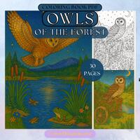 Owls of the Forest Coloring Book for Adults – Realistic Owl & Woodland Wildlife Scenes, PD