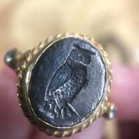 Owl signet ring, vermeil sterling band, size 6.25