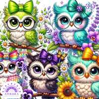 Watercolor Baby Owl Clipart Bundle, Kawaii Stickers PNG, Flowers, Bows, Floral Illustration, Kids Su