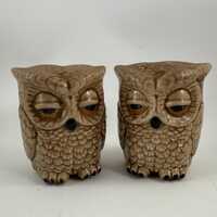 Pair of Vintage 1970s Era Ceramic Owl Two Faced Salt and Pepper Shakers