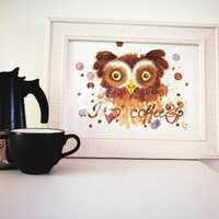 Original Coffee Painting Owl | Unique Coffee Wall Art with Aroma | Handmade Watercolor & Gouache