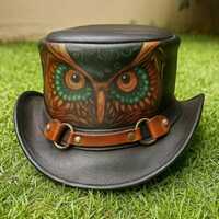 Handmade Black Leather Top Hat Owl Art Steampunk Victorian Cosplay Festival Theatre Style Animal Pri