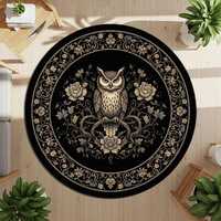 Gothic Owl Round Rug, Mystical Bird Carpet with Floral Border, Occult Boho Moon Decor Mat, Spiritual