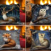 Woodland Christmas Pillow Covers, Winter Deer, Owl, Fox & Weasel Cushion Cover, Rustic Nordic Ho