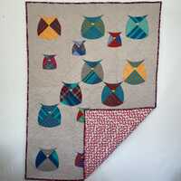 Whimsical Owl Quilt – Handmade Patchwork Blanket with Gray Background & Maroon Border, Ann