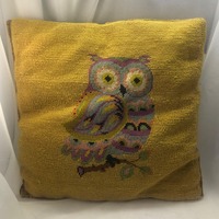 Vintage Owl Needlepoint Throw Pillow 16"x16" Yellow & Multicolor Front With Velvet Bac