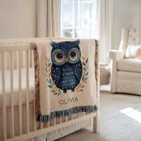 Personalized Starry Owl Baby Blanket, Custom Name Galaxy Night Sky Throw, Celestial Animal Nursery D