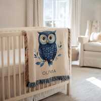 Personalized Starry Blue Owl Baby Blanket, Custom Name Galaxy Night Sky Throw, Celestial Animal Nurs