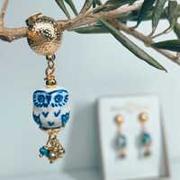 Handmade Porcelain Owl Drop Earrings Blue White & Gold Jewelry Gift for Woman Boho Chic Style St