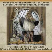 3 Vintage Antique Witch Hat White Pumpkin Owl Halloween Cauldron 5" Cocktail Beverage Napkins D