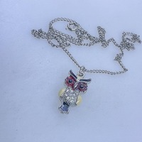 Vintage 18” Necklace Silver Toned Owl With Black Clear Stones Black Red White Enamel Used