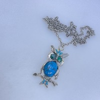 Vintage 24” Necklace Silver Toned Owl With Blue And Green Stones Used