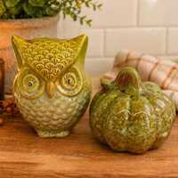 Vintage Glazed Ceramic Owl Figurine with Pumpkin