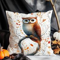 Autumn Owl Pillow Cover – Watercolor Style Fall Throw Pillow with Whimsical Forest Bird Design