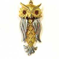 Vintage Tancer II Articulated Owl Pendant Necklace: Gold & Silver Tone, Amber Eyes
