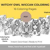 Witchy Owl Wiccan Coloring Pages - Digital Pagan Coloring Book - Magical Owl Witch Printable PDF - H
