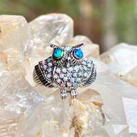 Blue Fire Opal Owl Ring - Size 6 - Sterling Silver